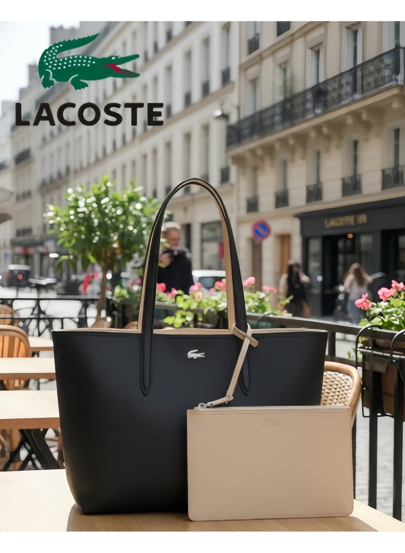 Lacoste Women's Double-sided Two-color Large Capacity Handbag, Fashionable and Multifunctional, Black/Beige - Image 1